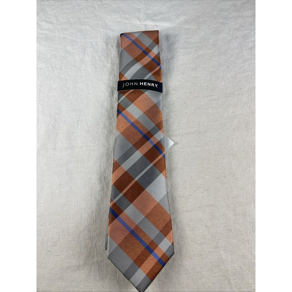 John Henry Distinguished Executive Designer Suit Orange Gray Plaid Necktie NWT